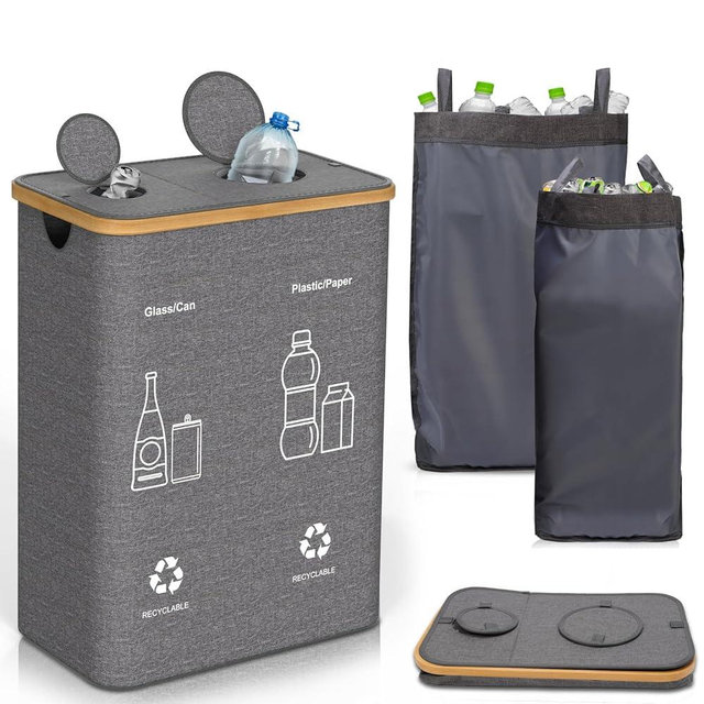 HOTOIQ Double Recycle Bin, 33 Gallon 125L Large Recycle Bin with Lid, Reusable Inner Bag for Kitchen Home, Collecting Bottles, Cans, Glass, Plastic, Metal Waste