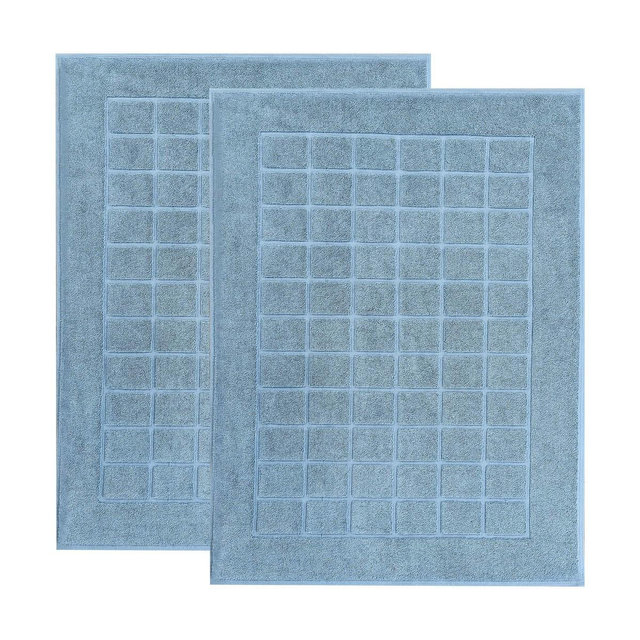 Cotton Solid Absorbent Thick Checkered Grid Washable Bath Mats, Set of 2, Denim Blue - Blue Nile Mills
