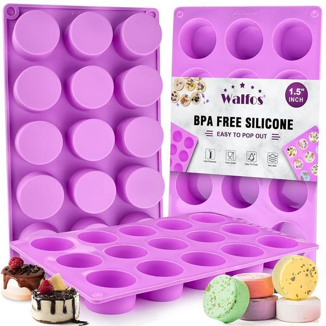 Walfos Small Soap Molds, 15 Cavity Round Silicone Molds,1.5inch Small Round soap mold Perfect for Soap Making, Bath Bombs, Chocolate & Pudding etc.(3pcs & Purple)
