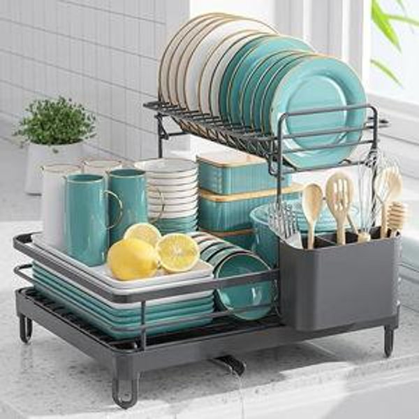 Sakugi Dish Drying Rack - X-Large Stainless Steel Dish Rack for Kitchen Counter, 2-Tier Kitchen Organizers and Storage for Dishes, Bowls, Cutlery, Gray