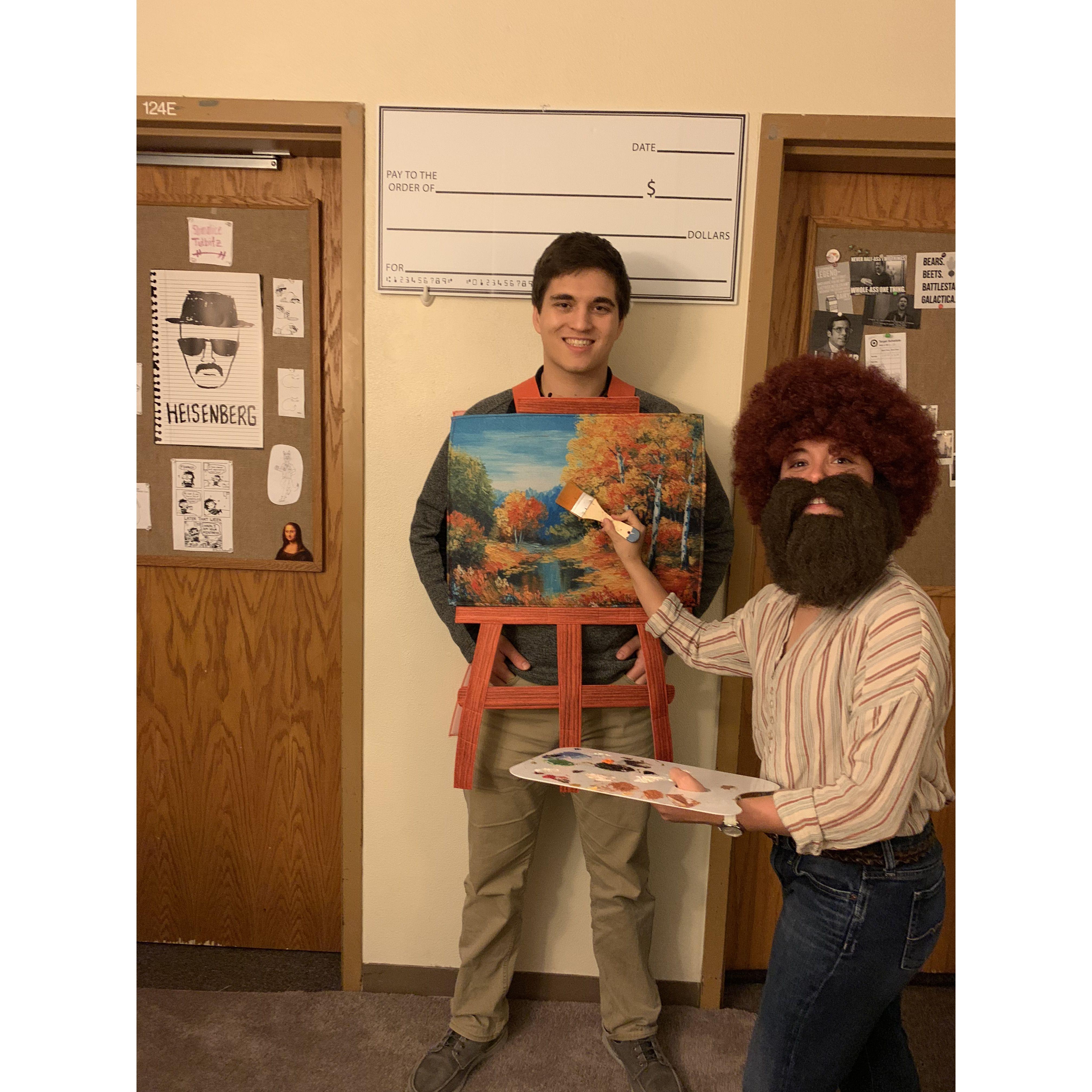 Halloween 2019. We went as Bob Ross and his happy trees. 