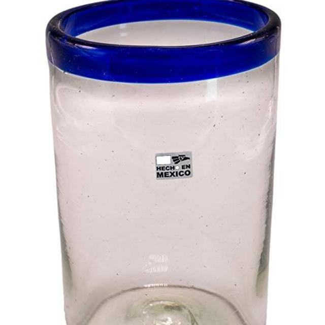 EMPORION Set of 6 Hand-Blown Drinking Glasses from Mexico with Cobalt Blue Rim - Rustic & Handcrafted Recycled Bubble Glass Drinking Glassware - 14 Oz