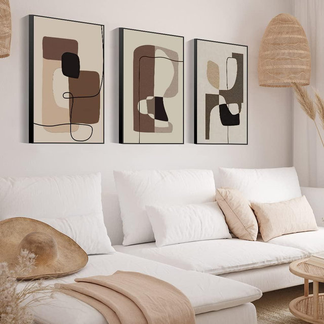 FCHUI Modern Aesthetic Decor 16" x 24" Framed Wall Art,Neutral Black, White And Gray Abstract Lines Color Block Canvas Posters & Prints, Home Wall Decor Living Room Bedroom Bathroom