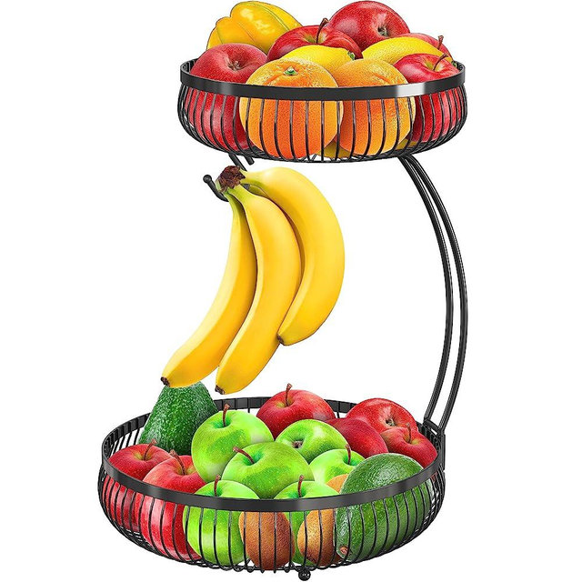 Simple Houseware 2-Tier Countertop Fruit Basket with Banana Hanger, Black
