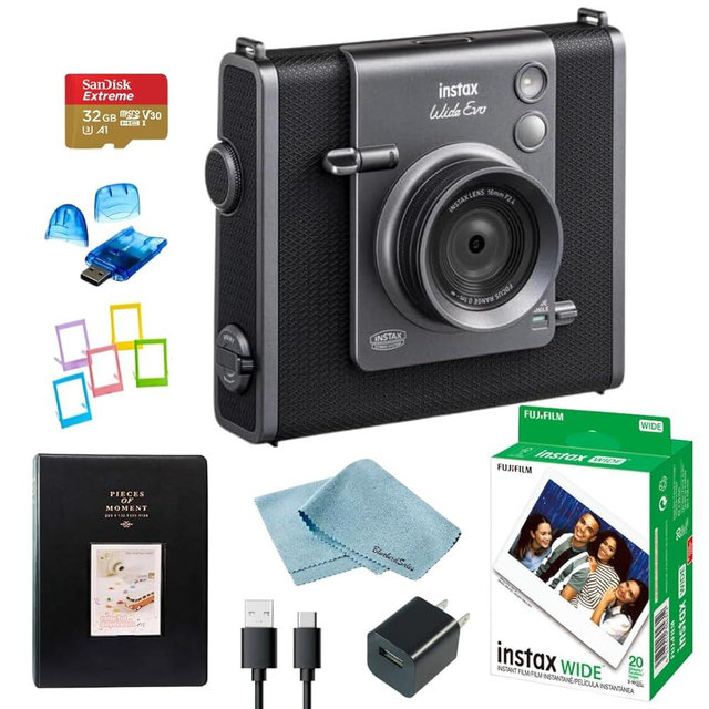 Fujifilm Instax Wide Evo Hybrid Instant Film Camera Bundle + Fujifilm Wide Film (20 Sheets), 32GB SanDisk microSD Card, Card Reader, Album & Frames, USB-C Cable, Wall Plug & BluebirdSales Cloth