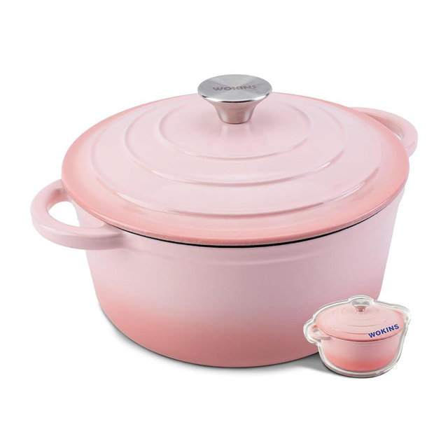 WOKINS Enameled Cast Iron Dutch Oven - 5.5QT Pot with Lid,Oven Safe to 500°F,Heavy-Duty Cookware for Sourdough Bread Baking,Braising,Stews,Roasting Pink
