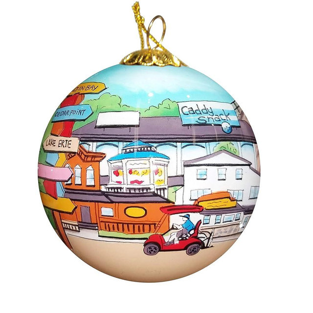 Blown Glass Christmas Ornament | Kelleys Island Ohio Illustration | Hand Painted Inside | Original Art | Includes Gift Box