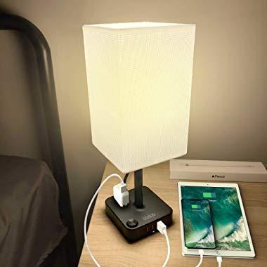 COZOO USB Bedside Table & Desk Lamp with 3 USB Charging Ports and 2 Outlets Power Strip,Black Charger Base with White Fabric Shade, LED Light for Bedroom/Nightstand/Living Room