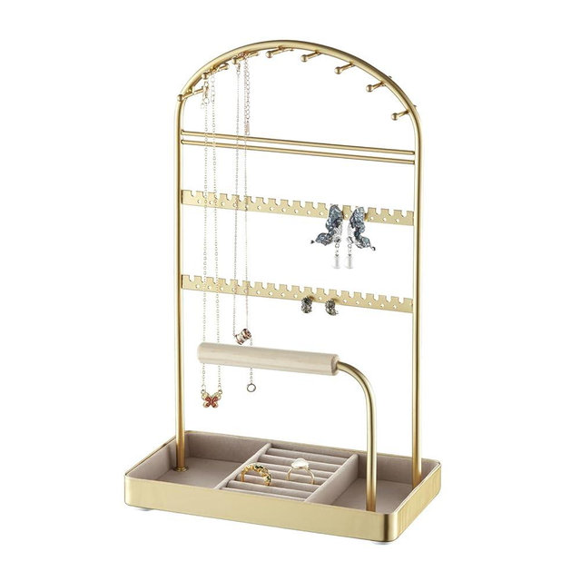 Multi-Functional Jewelry Holder Organizer Necklace Display Stand Velvet Lined Bar for Rings 2 Tier with 18 Hooks, 32 Earring Holes - Sturdy and Durable, Easy Organization Gold