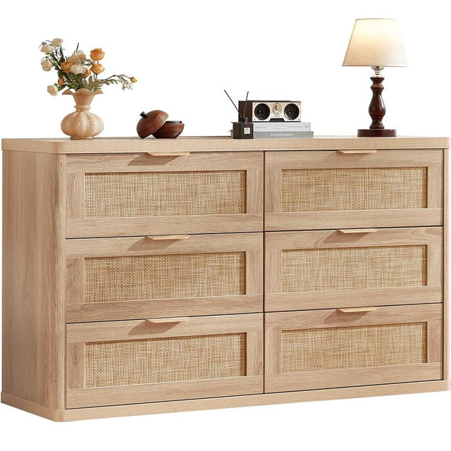 LEYAOYAO Rattan 6 Drawer Dresser for Bedroom, Boho 54" Wide Natural Wood Dresser Chest of Drawers, Dressers TV Stand with Metal Handle, Storage Dressers Closet Organizer for Living Room, Hallway