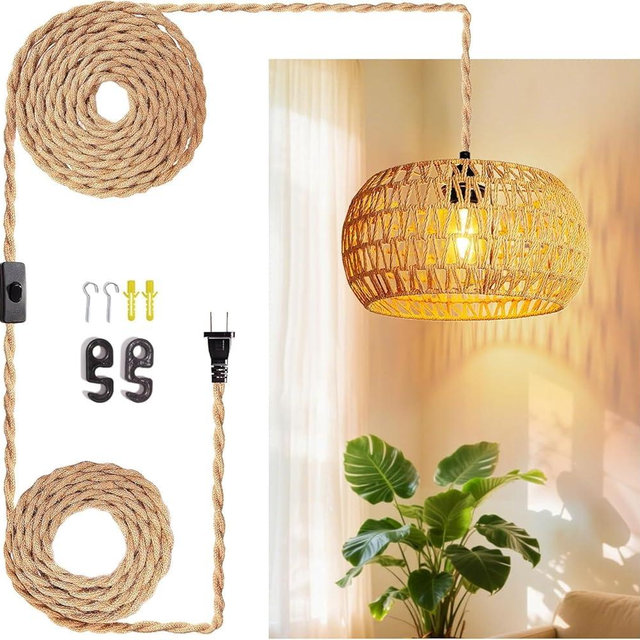 LUCORUSC Hanging Lamps Rattan Pendant Light Hanging Lights 16.4ft Plug in Cord Pendant Light Fixture Plug Into Wall Outlet Pendant Lighting with On Off Switch for Bedroom Living