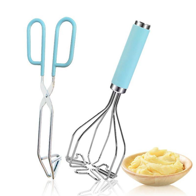 2in1 Potato Masher Kitchen Food Tongs Set - Heavy Duty Stainless Steel Kitchen Tool for Potatoes, Avocados, Beans, or Fruit & Vegetable