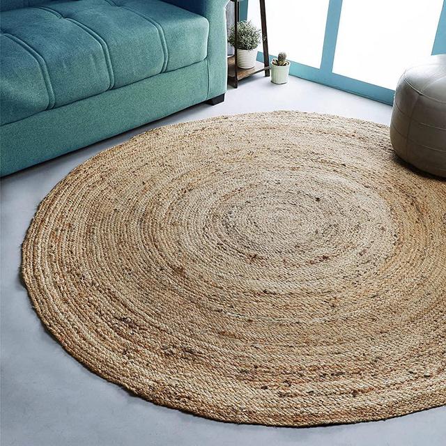 Hausattire Hand Woven Jute Braided Rug, 6' Round - Natural, Reversible Area Rugs for Living Room, Kitchen, 6 Feet Round