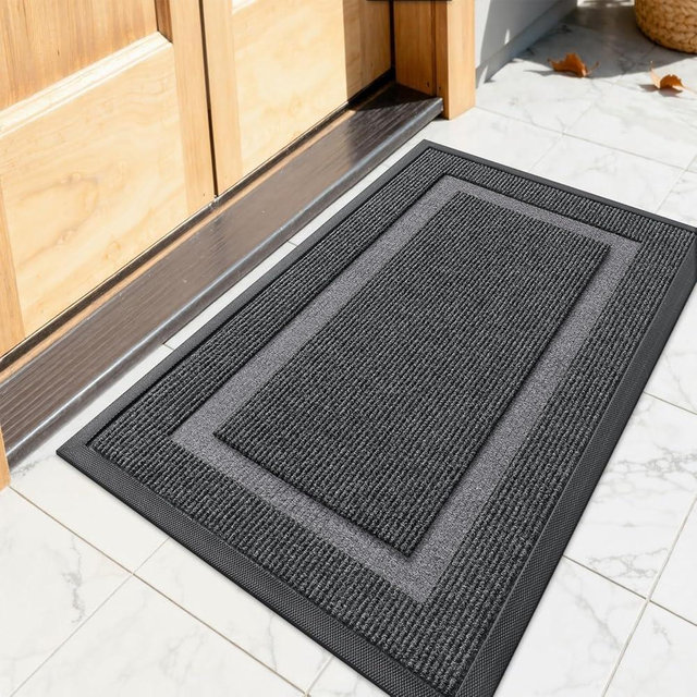 OLANLY Front Door Mat Indoor Outdoor Entrance, Waterproof All-Season, All-Weather Doormat, Sturdy Natural Rubber, Fade Resistant, Low Profile, Easy Clean Patio Porch Entryway Mat, 23.5x15.5, Grey