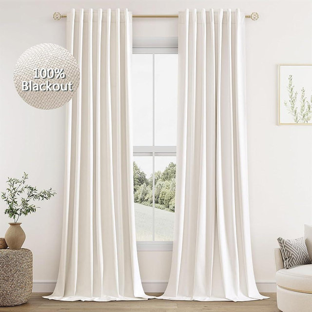 Guken Ivory Linen Blackout Curtains 96 Inch Length 2 Panels Set for Living Room Bedroom Back Tab Thermal Insulated 100% Black Out Linen Drapes Room Darkening Window Curtains 96 Inches Long