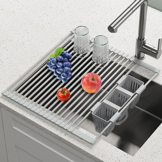 BBXTYLY Roll Up Dish Drying Rack with Storage Basket,Over The Sink Cover Kitchen Rolling up Dish Drainer, Foldable Sink Dish Drying Rack Mat Stainless Steel for Kitchen Sink Counter(Gray18''x17.6'')