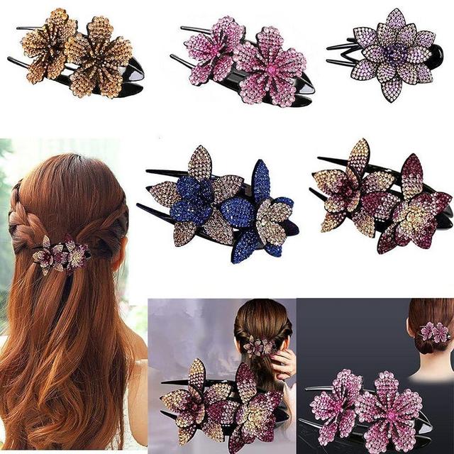 5 PCS Double Flower Rhinestone Hair Clip Elegant hair Accessories Long Hair Adult Hair Jewelry For Women Crystal Thick Hairpin