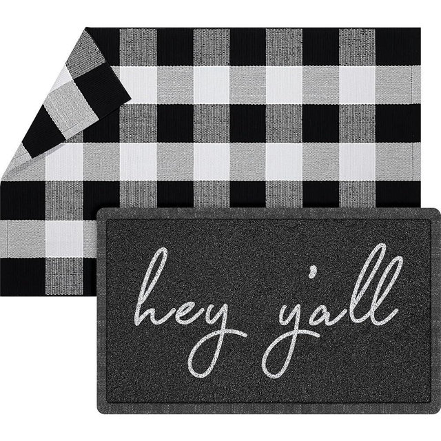 Geelin 2 Pcs 30'' x 18'' Doormat 43'' x 27.5'' Buffalo Plaid Outdoor Rug Layered Front Door Mat Outside Entrance Welcome Door Mats for Indoor Outdoor(Hey Y'all)