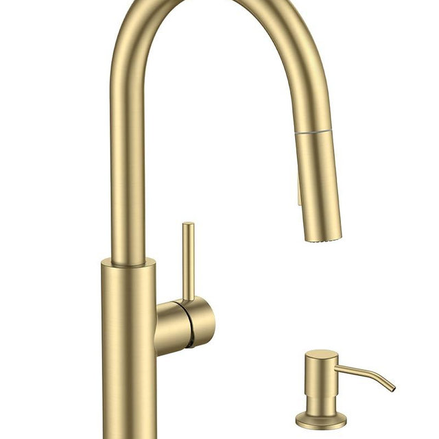 FORIOUS Kitchen Faucet with Soap Dispenser, Modern Brushed Gold, Single Handle High Arc Stainless Steel Kitchen Sink Faucet with Pull Down Sprayer, 1 or 3 Hole Deck Mount for RV, Laundry, Outdoor