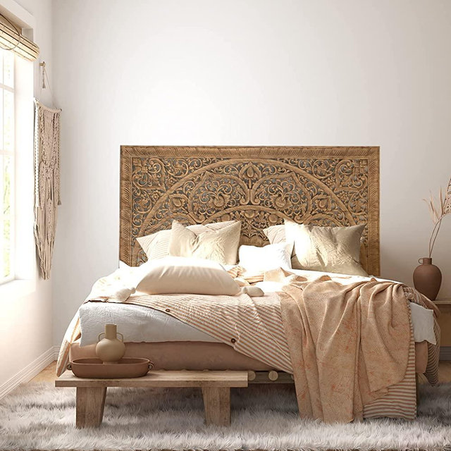 Rectangular King Size Bed Headboard, Wall Mounted Hanging Wooden Panels, Hand Carved Teak Wood Furniture, Rustic Brown color, 76x38 inches