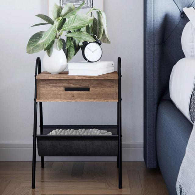 Nathan James 32501 Hugo Nightstand Accent Rustic Oak Wood Table with Drawer, Brown/Black