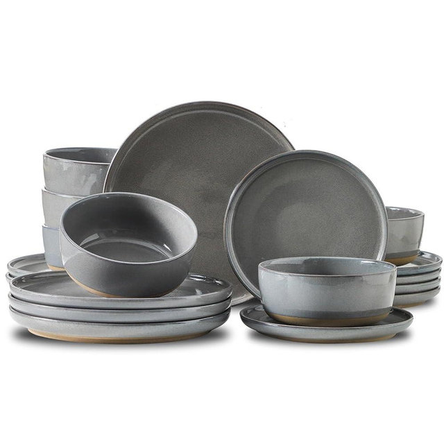 HASENSE Stoneware 18 Pieces Plates and Bowls Sets, Porcelain Dinnerware Sets for 6, Ceramic Dishes Sets with Speckled Pattern, Scratch Resistant Microwave and Dishwasher Safe, Dark Gray