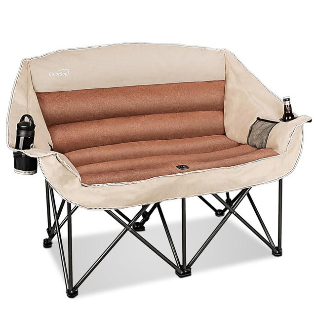 2 Person Fully Padded Camping Chair Oversized Loveseat Camping Chair Double Camping Chairs for Adults Heavy Duty Outdoor Camping Couch, Padded Seats & Armrests, 600Lbs, Moca