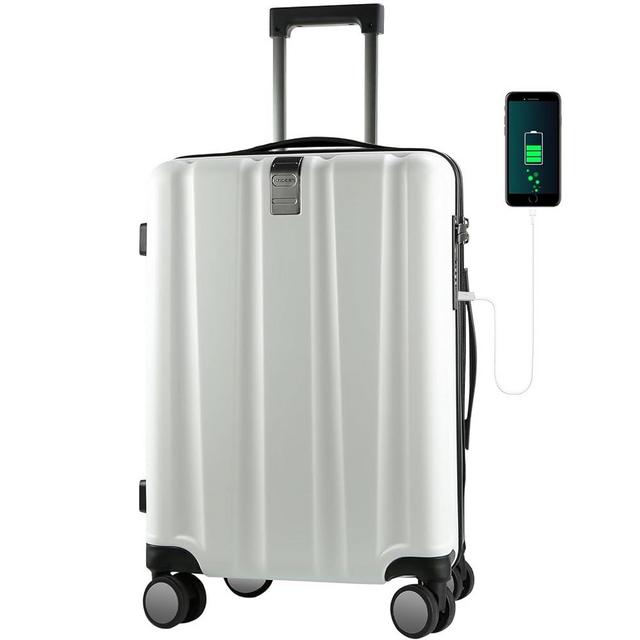 KROSER Hardside Expandable Carry On Luggage with Spinner Wheels & Built-in TSA Lock, Durable Suitcase Rolling Luggage with USB Port, Carry-On 20-Inch, White