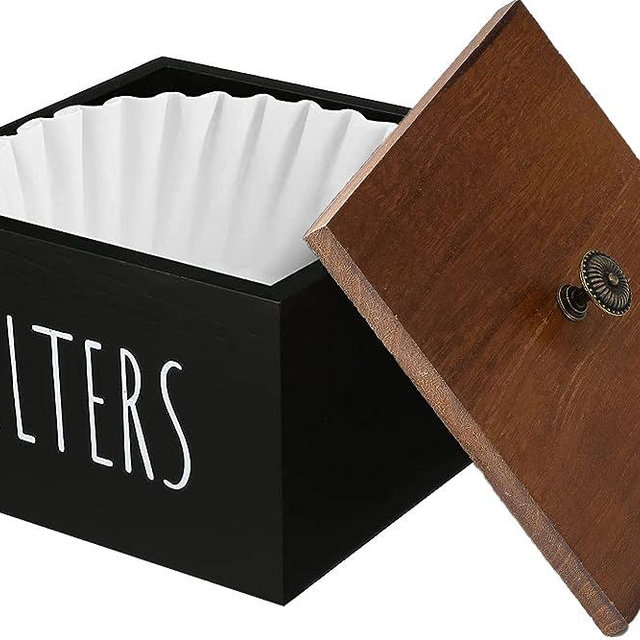 Farmhouse Rustic Coffee Filter Holder Basket, Wooden Organizer Pour Over Coffee Station Filter Storage Container, Decorative Distressed Countertop Coffee Filter Case (Black Wood)