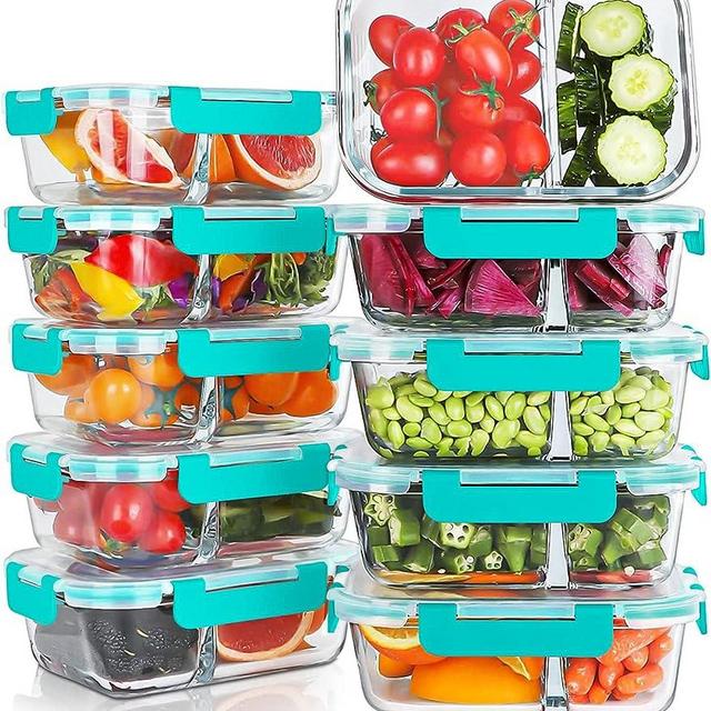 KOMUEE 10 Packs Glass Meal Prep Containers 2 Compartments,Glass Food Storage Containers with Lids,Airtight Glass Lunch Bento Boxes,BPA Free,Oven,Freezer and Dishwasher Safe, Green
