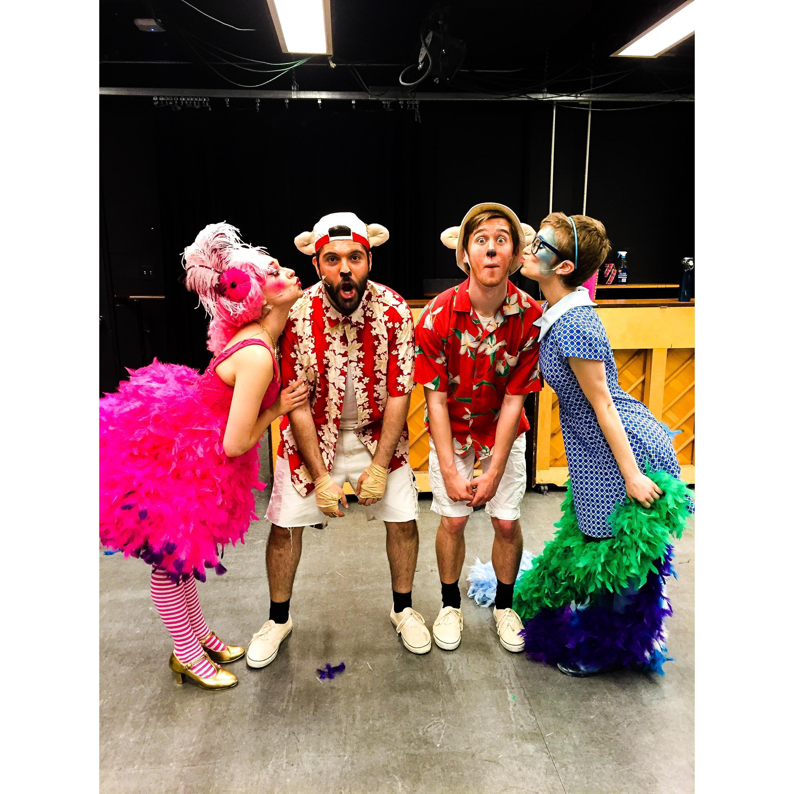 We love doing theatre together! This photo is from Seussical where Amanda played Mayzie and Doni was a Wickersham brother. Feat MOH Michaela and Groomsman Steven as Gertrude and fellow Wickersham.