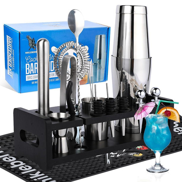Nikleberry Premium 20 Piece Bartender Kit with Weighted Boston Shaker and Stand | 304 Stainless Steel Bar Tools Set with Large Spill Catching Bar Mat - Recipe Book - Velvet Bag | Perfect for Mixology