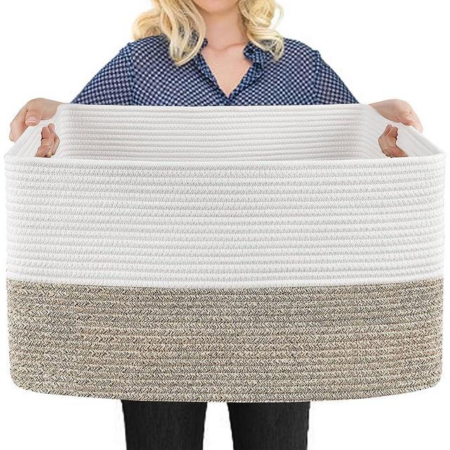 MEGASKET Extra Large Cotton Rope Basket, 23.6" x 15.7" x 14.1" Rectangle Blanket Basket Living Room, Wicker Woven Throw Blanket Pillow Storage Basket, Soft Kids Dog Toy Basket Storage Bins Organizer