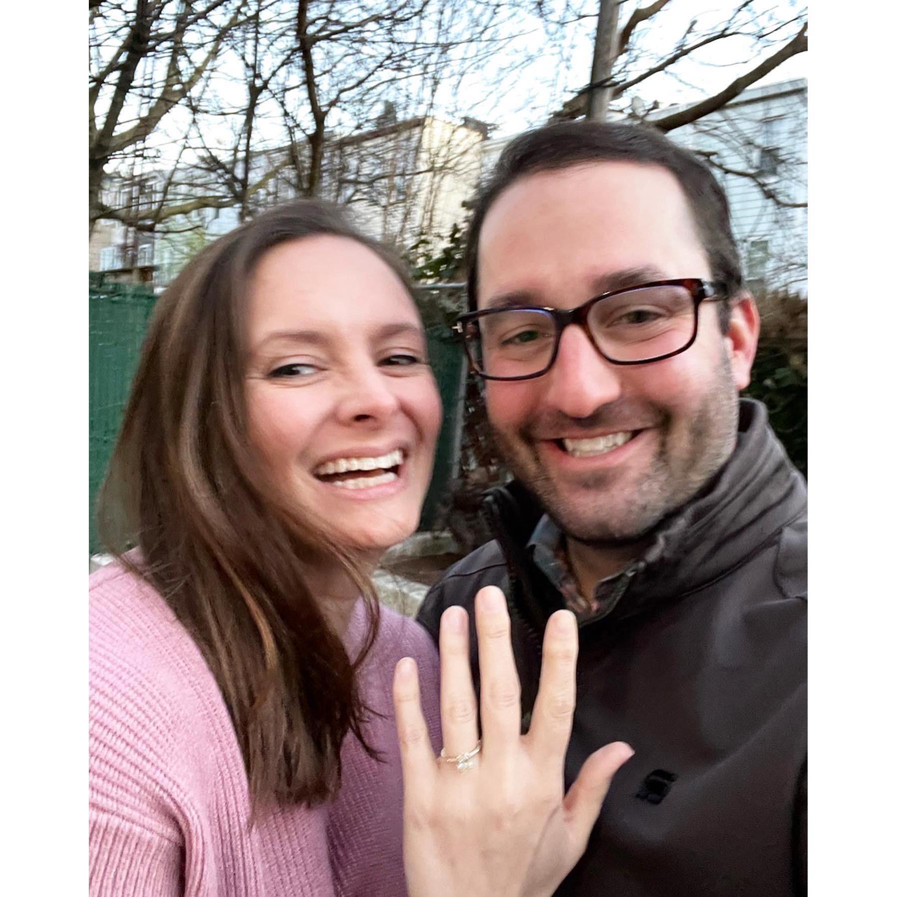In our backyard in Brooklyn after James popped the question!
