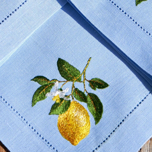 Sky blue napkins Lemon branch napkins Embroidered napkin Embroidered lemon branch Linen napkin Vintage style napkin Hemstitched napkin Gift