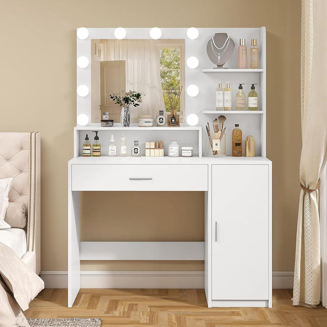 Quimoo Makeup Vanity Desk with Mirror and Lights, Vanity Desk with Large Drawer & Shelves & Cabinet, 3 Color Modes & Adjustable Brightness, Dressing Table Set for Bedroom, White