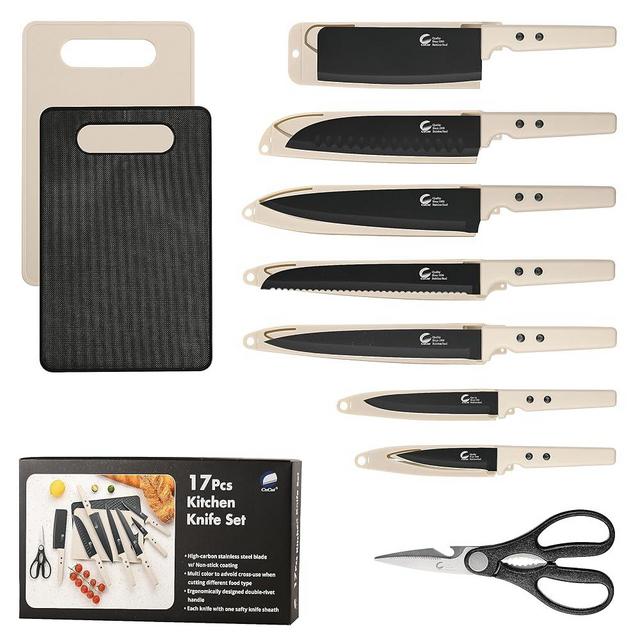CuCut 17-Piece Kitchen Knife Set - Black Stainless Steel Knives with 2 Cutting Boards, Safety Sheaths Included, Dishwasher Safe, Ultra-Sharp Blades, Essential Kitchen Tools for New Homes