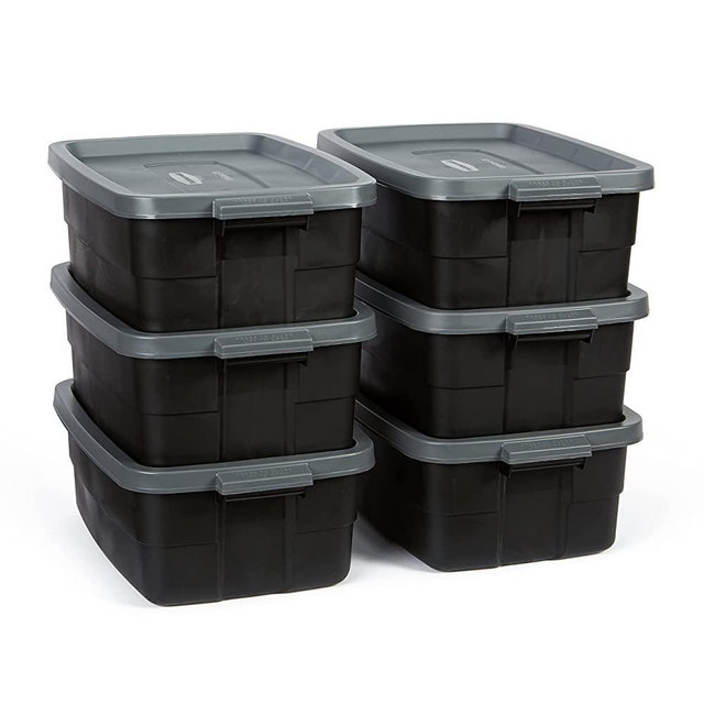 Rubbermaid Roughneck️ 10 Gallon Storage Totes, Pack of 6, Durable Stackable Storage Containers with Lids, Nestable Plastic Storage Bins for Crafting Supplies, Moving Boxes, Toy Storage, Black and Grey