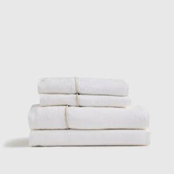 European Linen Piped Sheet Set in White/toffee