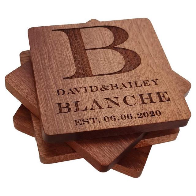 Personalized Coasters, Custom Engraved Wood Coasters for Drinks, Monogram Coasters with Holder, Wedding Gifts, Parents Gifts (B, Set of 4)