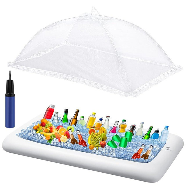 Leitee Inflatable Serving Bar Kit Includes Salad Buffet Tray with Drain Plug Mesh Food Cover Food Drink Containers and Inflator for Ice Supplies Party Camping Summer Picnic (White,3 Pcs)