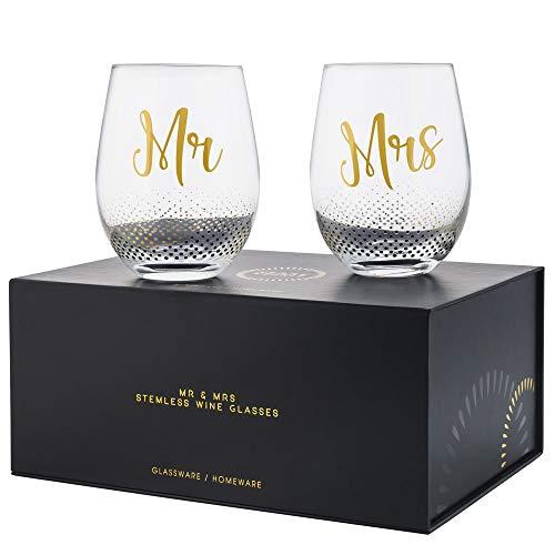 Verre Esprit Mr And Mrs Gifts Set Of 2 Crystal Stemless Wine Glasses With Beautiful Gift Box - Perfect Engagement Gifts, Wedding Gifts For The Couple, Anniversary Gifts For Couple, Or Couples Gifts
