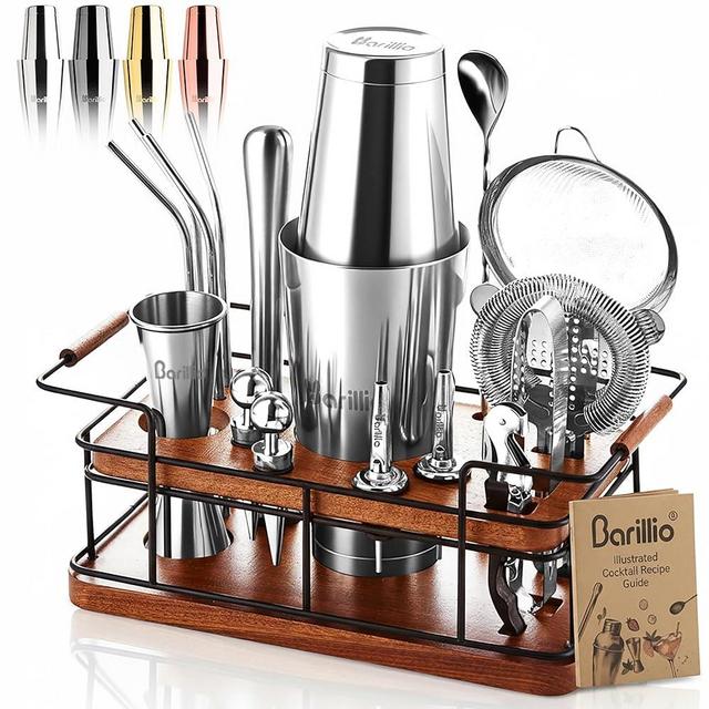 Barillio Bartender Kit – 23-Piece Stainless-Steel Cocktail Shaker Set with Premium African Mahogany Stand | Martini Barware Mixing Tools for Home Bartending | Gift Set