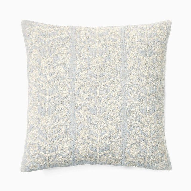 Embroidered Linear Floral Pillow Cover, 18x18, Chambray