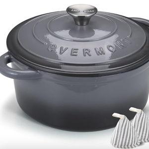 Overmont Enameled Cast Iron Dutch Oven - 7QT Pot with Lid Cookbook & Cotton Potholders - Heavy-Duty Cookware for Braising, Stews, Roasting, Bread Baking grey