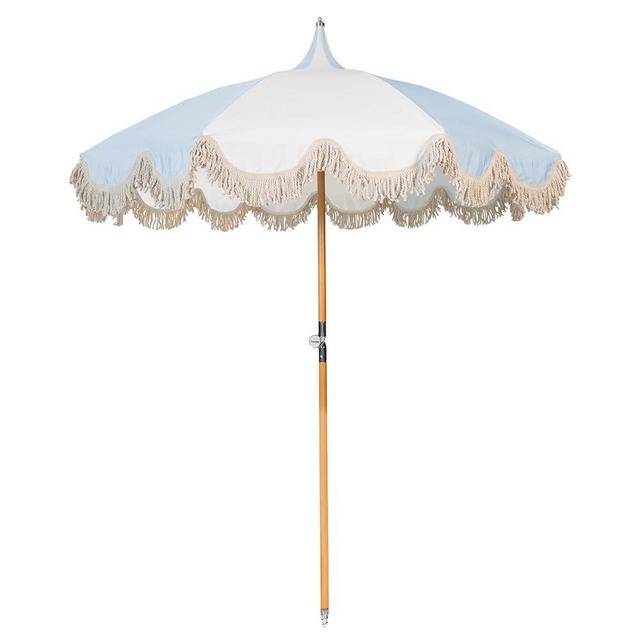 Funsite 6.5ft Pagoda Beach Umbrella with Fringe, UPF 50+ Boho Umbrellas with Carry Bag, Premium Wood Pole Foldable Tassel Umbrella for Outdoor Garden Lawn Pool Yard Table