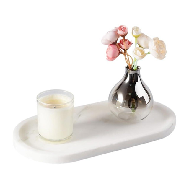 Koville Natural Marble Tray for Bathroom Countertop, Marble Storage Trays for Perfume, Cosmetics, Jewelry, Vanity Tray Stone Trays for Kitchen, Decorative Tray for Dresser Organizer(Calacatta White)