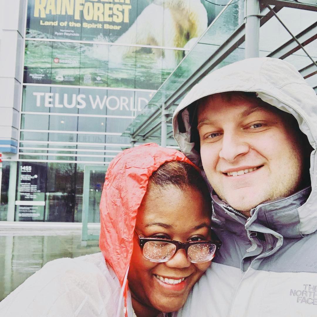 About to get dry at the Science Museum in Vancouver, British Columbia :) (Rain follows us everywhere!)