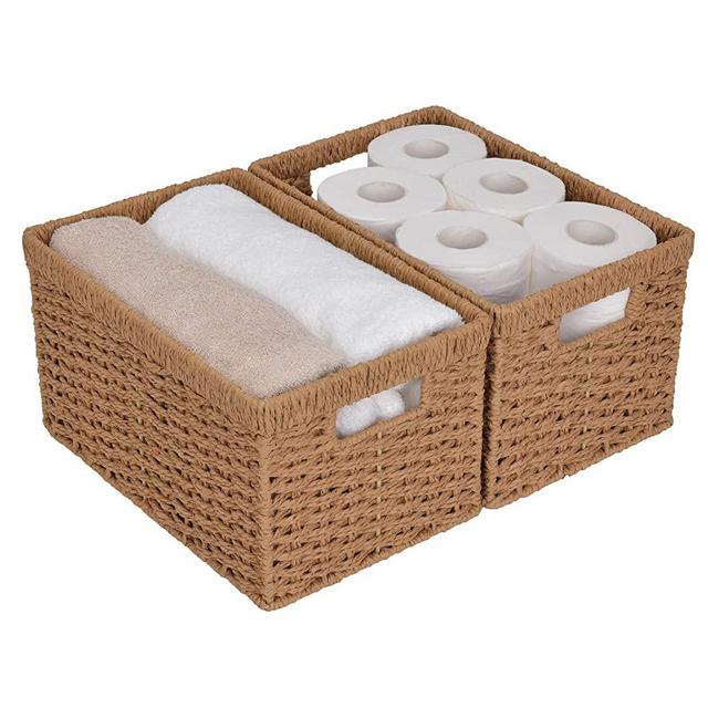 StorageWorks Round Paper Rope Storage Baskets, Rectangular Wicker Baskets with Built-in Handles, Medium, 13” x 8.4” x 7.1”, 2-Pack