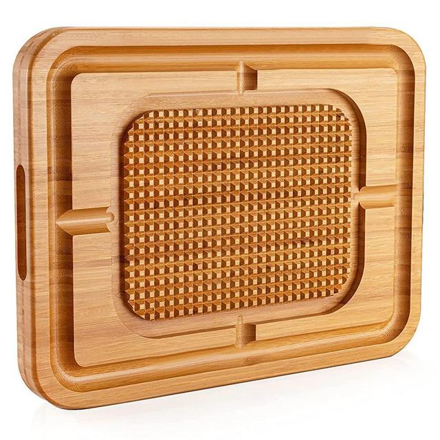 eletecpro Meat Cutting Board Extra Large 17"x13"x1.5" 100% Natural Bamboo Thick Butcher Block Carving Board - Reversible Anti Slip with Deep Juice Drip Grooves & Spikes -Thick Serving Tray